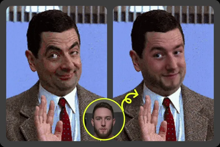 Animated example comparing an original GIF with a replaced face