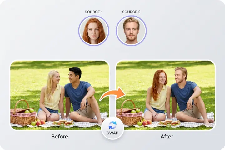 Group video example showing individual face replacements